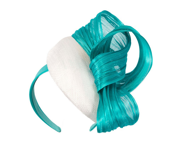 White pillbox fascinator with turquoise silk abaca bow by Fillies Collection - Hats From OZ