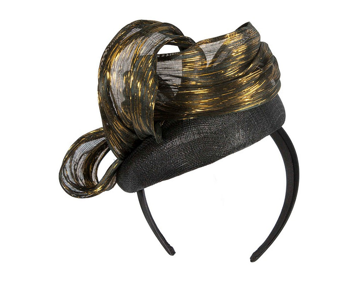 Black pillbox fascinator with gold silk abaca bow by Fillies Collection - Hats From OZ