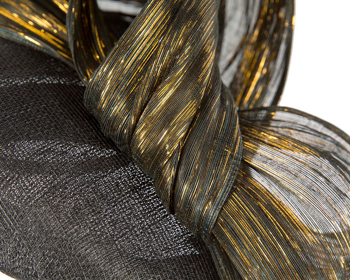 Black pillbox fascinator with gold silk abaca bow by Fillies Collection - Hats From OZ