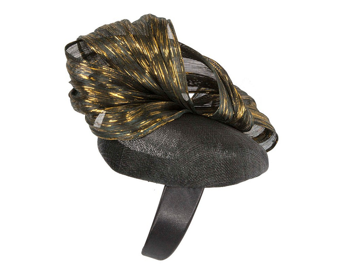 Black pillbox fascinator with gold silk abaca bow by Fillies Collection - Hats From OZ