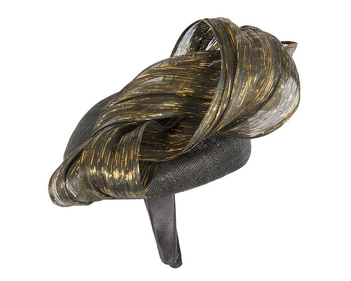 Black pillbox fascinator with gold silk abaca bow by Fillies Collection - Hats From OZ