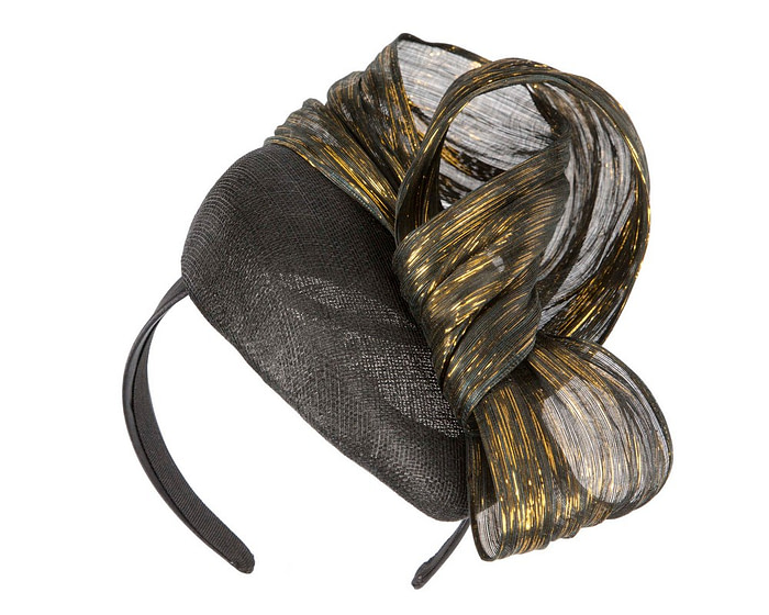 Black pillbox fascinator with gold silk abaca bow by Fillies Collection - Hats From OZ