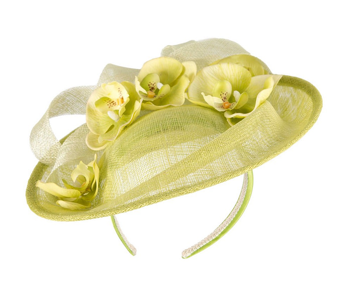 Large lime green fascinator with orchid flowers - Hats From OZ