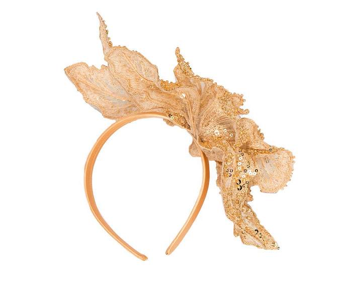 Shiny gold lace fascinator by Cupids Millinery - Hats From OZ