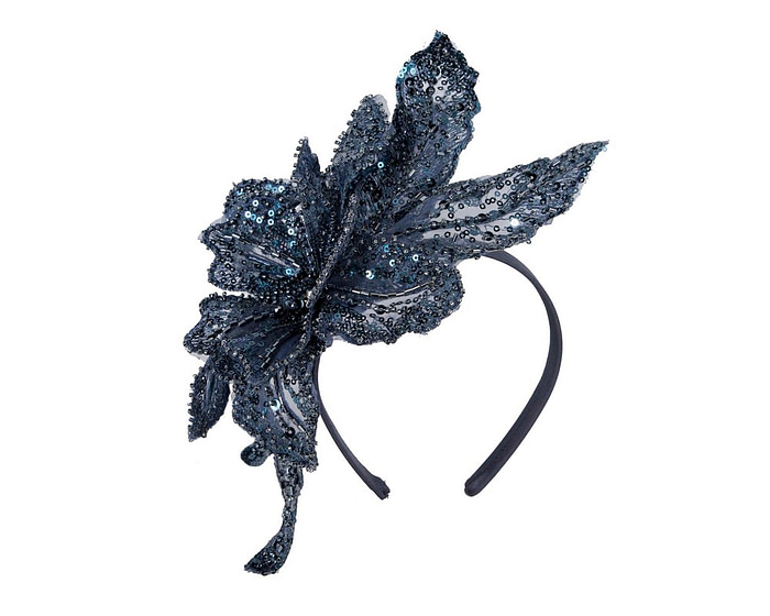 Shiny navy lace fascinator by Cupids Millinery - Hats From OZ