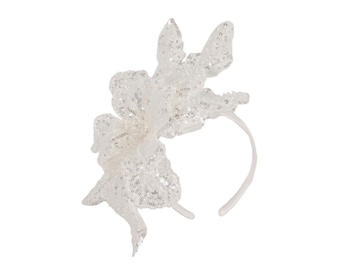 Shiny white lace fascinator by Cupids Millinery - Hats From OZ