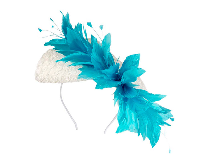 Bespoke white & aqua blue fascinator by BELEIVERA - Hats From OZ