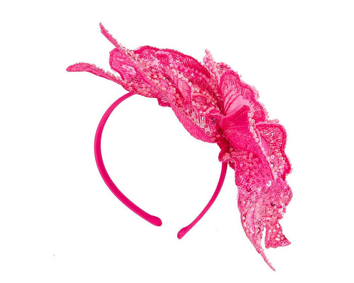 Shiny hot pink lace fascinator by Cupids Millinery - Hats From OZ