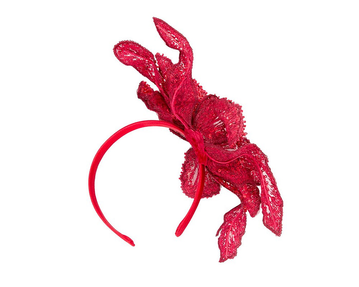 Shiny red lace fascinator by Cupids Millinery - Hats From OZ