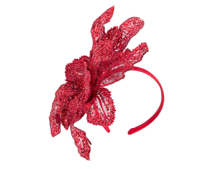 Shiny red lace fascinator by Cupids Millinery - Hats From OZ