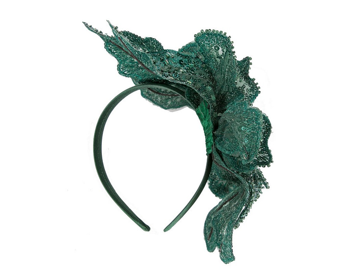 Shiny teal green lace fascinator by Cupids Millinery - Hats From OZ