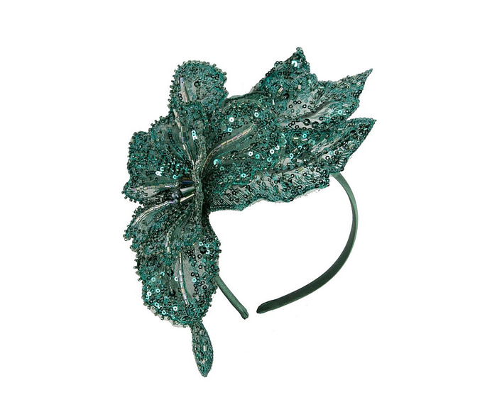 Shiny teal green lace fascinator by Cupids Millinery - Hats From OZ