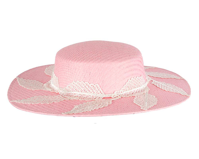 Pink boater hat with white lace by Max Alexander - Hats From OZ