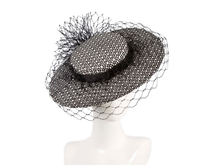 White & black boater hat with face veil by Fillies Collection - Hats From OZ