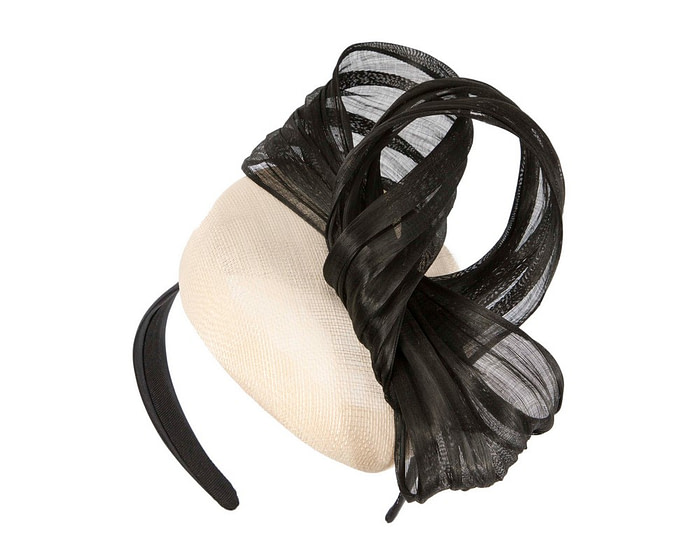 Cream & Black pillbox fascinator with silk abaca bow by Fillies Collection - Hats From OZ