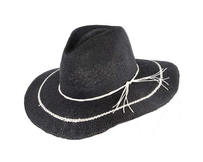 Navy Woven Natural Fiber Wide Brim Fedora - Hats From OZ