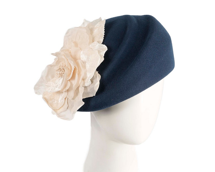 Navy Wool Hat with Cream Floral Accent - Winter Elegance