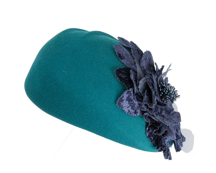 Teal Wool Hat with Navy Floral Accent - Winter Elegance - Image 6