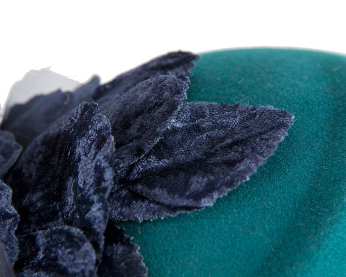 Teal Wool Hat with Navy Floral Accent - Winter Elegance - Image 5