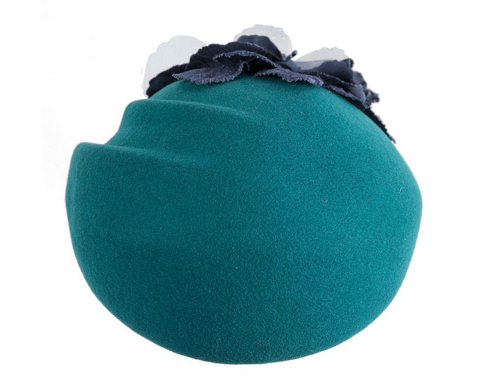 Teal Wool Hat with Navy Floral Accent - Winter Elegance - Image 3