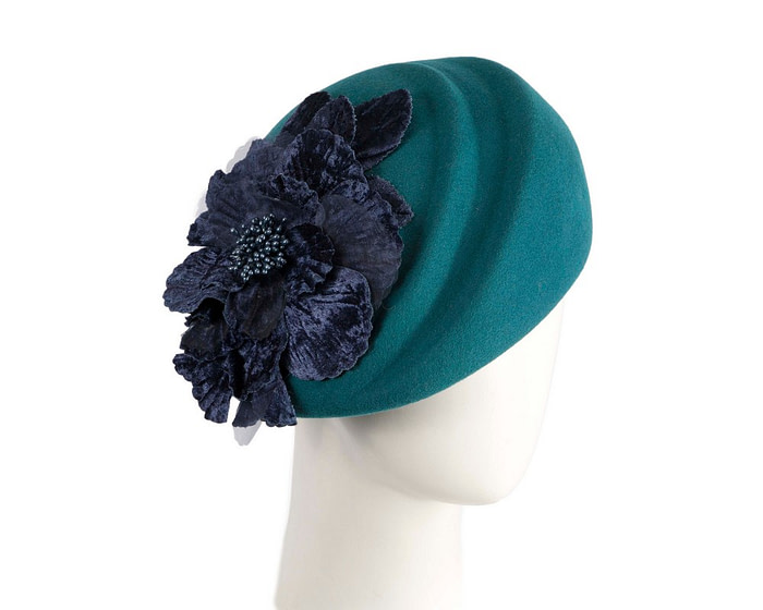 Teal Wool Hat with Navy Floral Accent - Winter Elegance