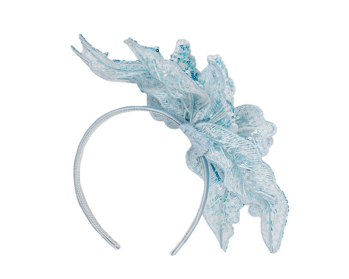 Shiny light blue lace fascinator by Cupids Millinery - Image 4