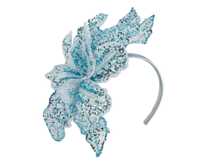 Shiny light blue lace fascinator by Cupids Millinery - Image 2