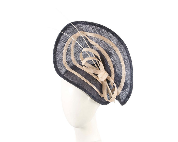 Large navy & cream sinamay fascinator by Max Alexander