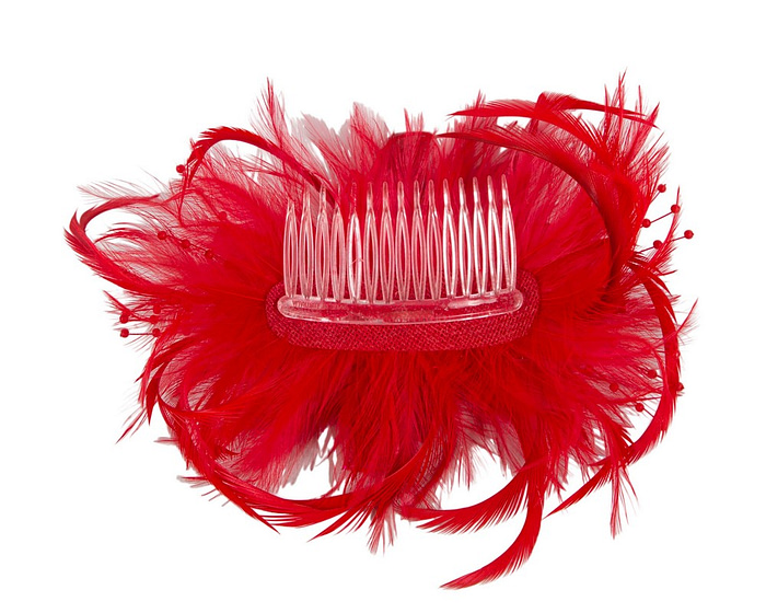 Red custom made feather fascinator comb - Image 4