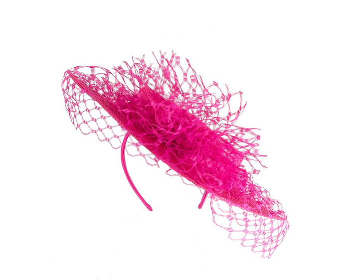 Fuchsia boater hat with face veil by Fillies Collection - Image 6
