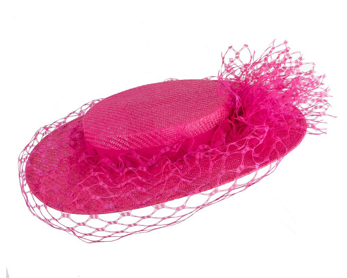 Fuchsia boater hat with face veil by Fillies Collection - Image 4