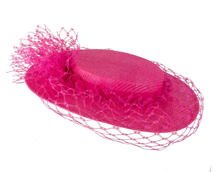 Fuchsia boater hat with face veil by Fillies Collection - Image 3