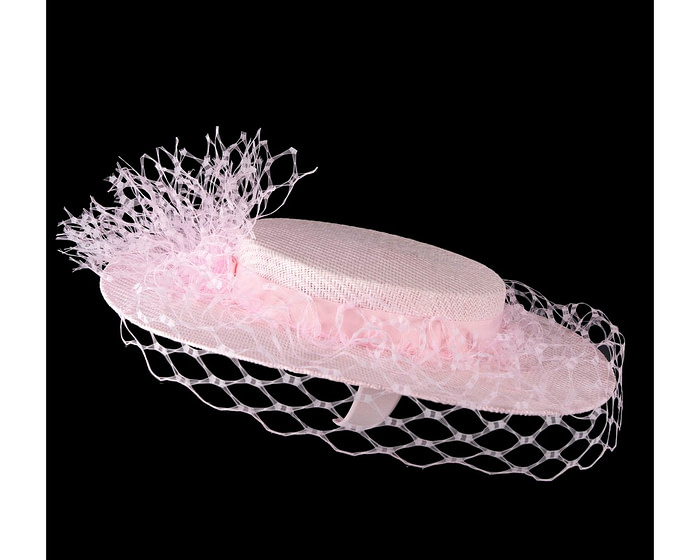 Pink boater hat with face veil by Fillies Collection - Image 3