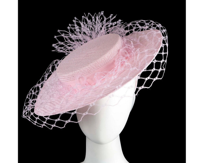 Pink boater hat with face veil by Fillies Collection