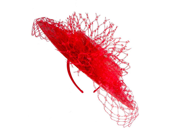 Red boater hat with face veil by Fillies Collection - Image 6