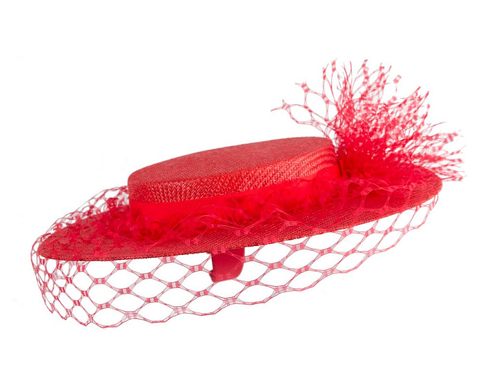 Red boater hat with face veil by Fillies Collection - Image 4