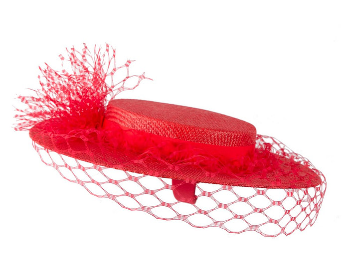 Red boater hat with face veil by Fillies Collection - Image 3