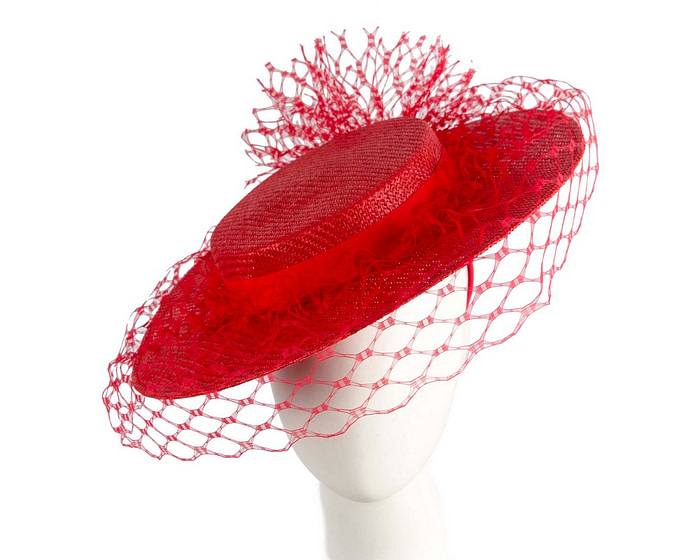 Red boater hat with face veil by Fillies Collection