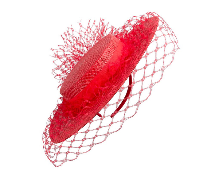 Red boater hat with face veil by Fillies Collection - Image 2