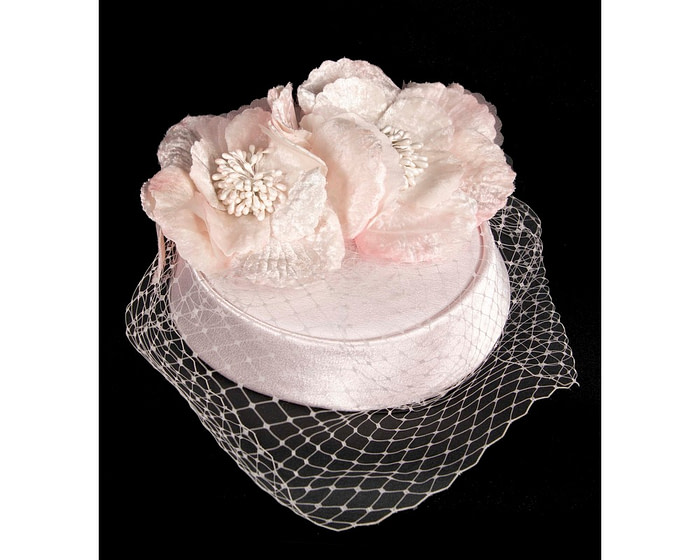 Custom made pink pillbox hat with flowers & face veiling - Image 2