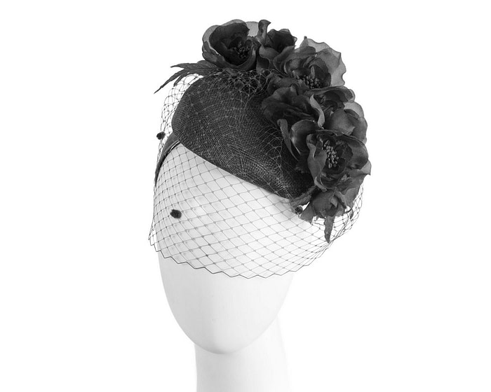 Black flower pillbox with face veil by Fillies Collection