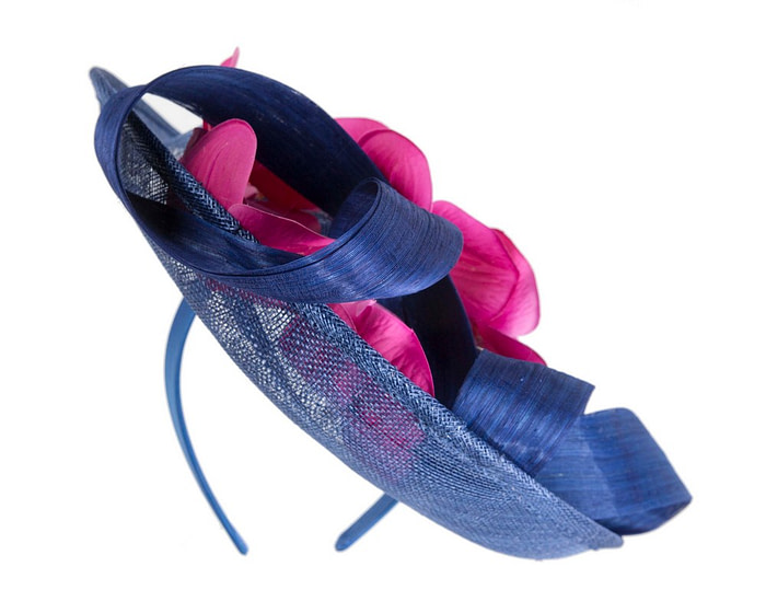 Large blue fascinator with fuchsia orchid flowers - Image 4