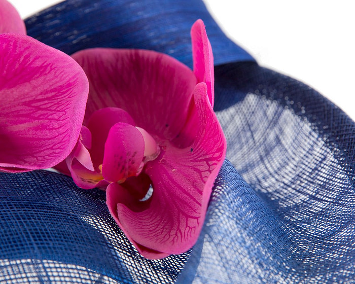 Large blue fascinator with fuchsia orchid flowers - Image 3