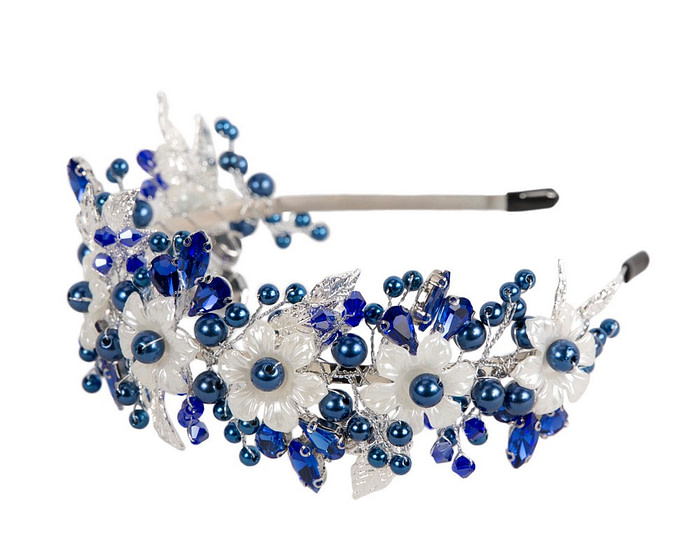 Wide cream & blue pearl fascinator headband - Image 2