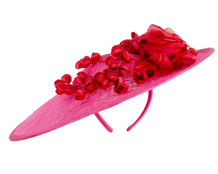 Large fuchsia and red sinamay fascinator hat with flowers by Max Alexander - Image 6