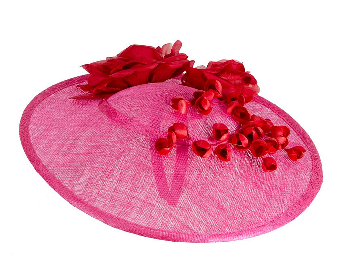 Large fuchsia and red sinamay fascinator hat with flowers by Max Alexander - Image 4