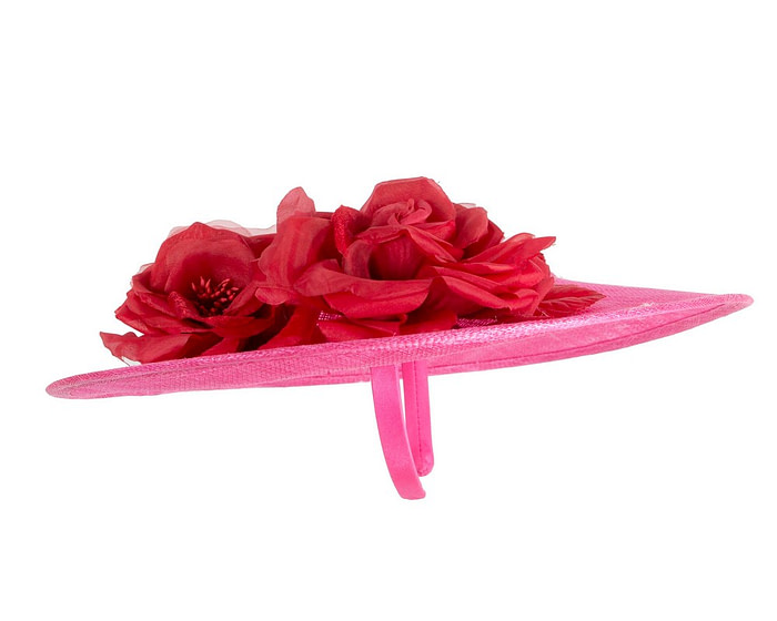 Large fuchsia and red sinamay fascinator hat with flowers by Max Alexander - Image 3