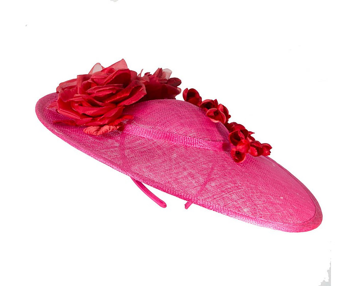 Large fuchsia and red sinamay fascinator hat with flowers by Max Alexander - Image 2