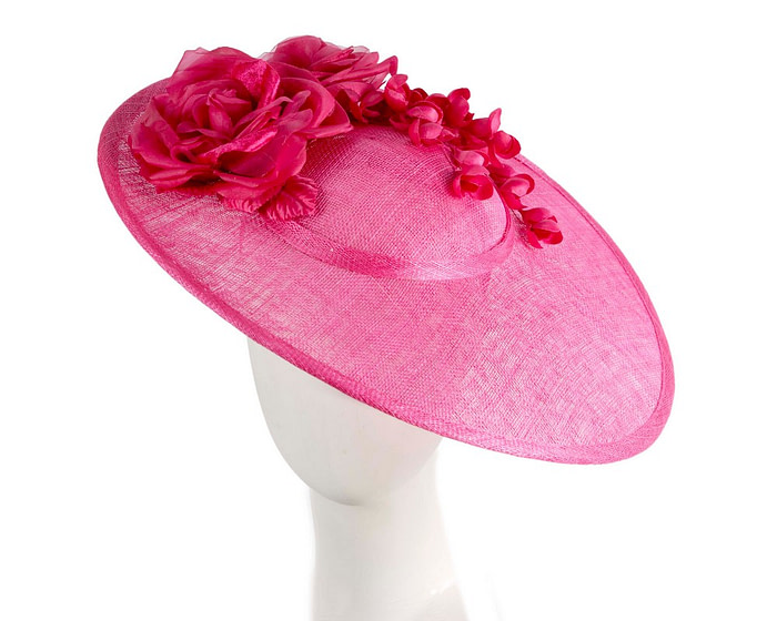 Large fuchsia sinamay fascinator hat with flowers by Max Alexander