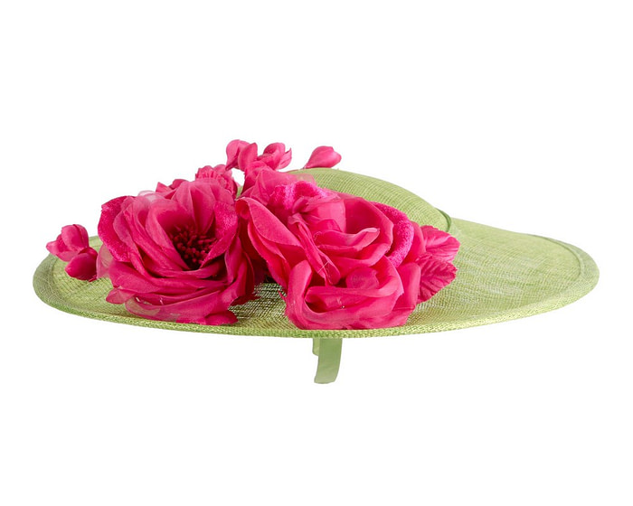 Large lime and fuchsia sinamay fascinator hat with flowers by Max Alexander - Image 4